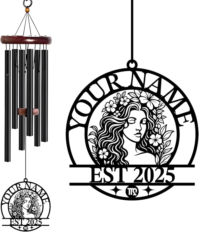 Personalized Customize Name 12 Zodiac Signs Wind Chime, Metal Iron 37 Inch Outdoor Memorial Gift for Garden Yard Patio Home Decor, Black (Virgo)