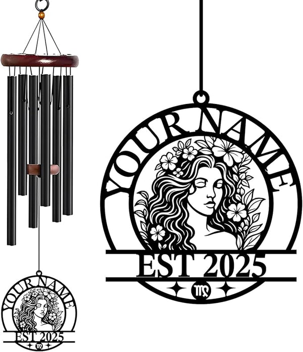Personalized Customize Name 12 Zodiac Signs Wind Chime, Metal Iron 37 Inch Outdoor Memorial Gift for Garden Yard Patio Home Decor, Black (Virgo)