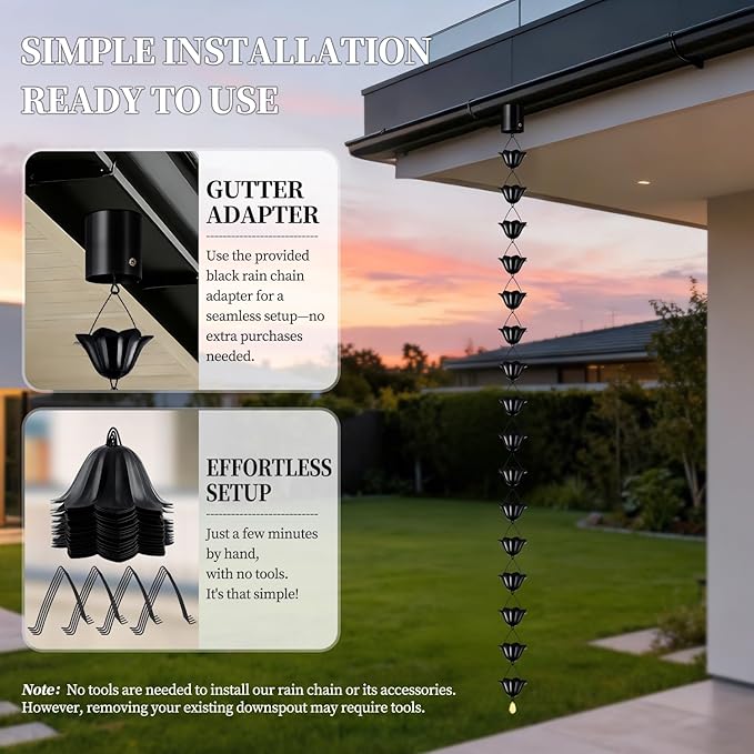 Rain Chains for Gutters Outside 8.5FT Black Rain Catcher Chain with Adapter 16 Cups Decorative Replacement for Downspout