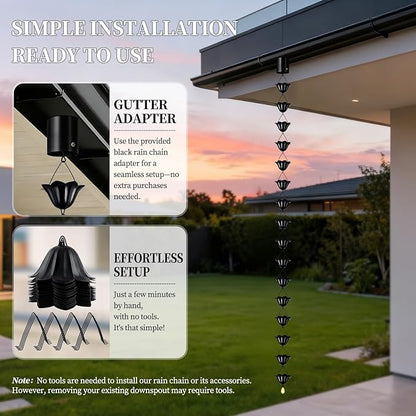 Rain Chains for Gutters Outside 8.5FT Black Rain Catcher Chain with Adapter 16 Cups Decorative Replacement for Downspout