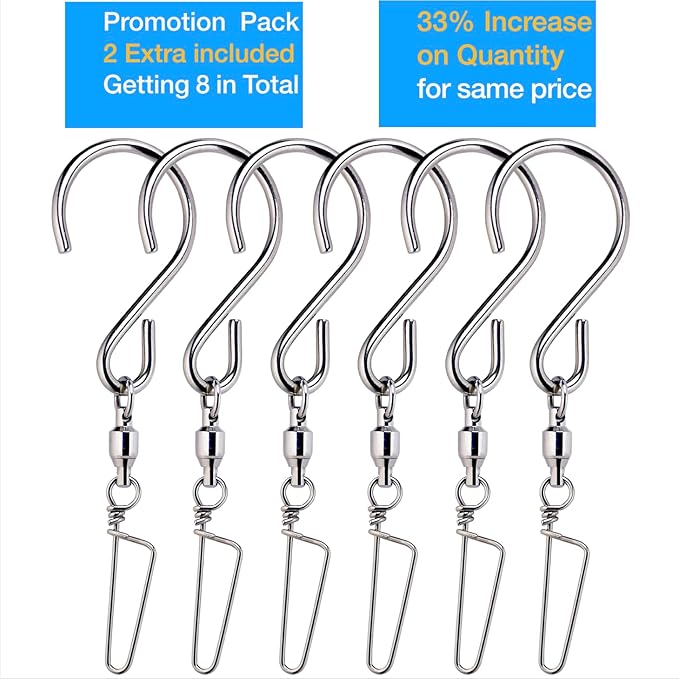 HS’s Creation 6 Pack S Hook Locking Clip Swivel for Indoor Outdoor Organization Spinning Hanger Clothline Rack Wind Chimes Spinner Prism Windsocks Hanging Plant