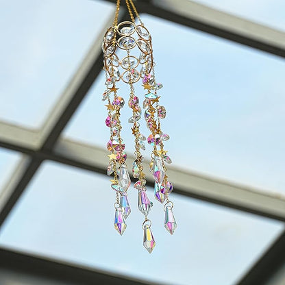 H&D HYALINE & DORA 15.5 Inch Crystal Suncatcher Hanging Window Sun Catcher with Colorful Beads Chain Gold-Plated Rainbow Maker for Indoor Outdoor Garden Christmas Decoration