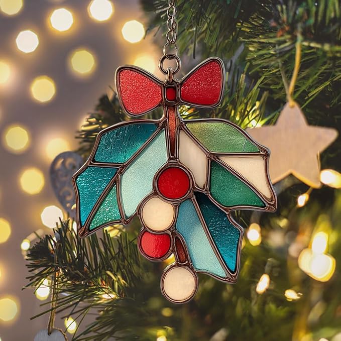 Mistle Toe Mosaic Style Acrylic Suncatcher Stained Glass Effect Window Car Hanging Christmas Ornament Indoor Outdoor Decor Garden Sun Catcher Panel for Women Mom Grandma
