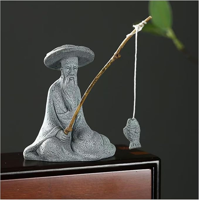 livelyfish Mini Fisherman Statue Asian Zen Decoration Sitting Fishing Figurines Sandstone Vintage Ornament for Aquarium Fish Tank Pot Garden Home Japanese Decor (B2)