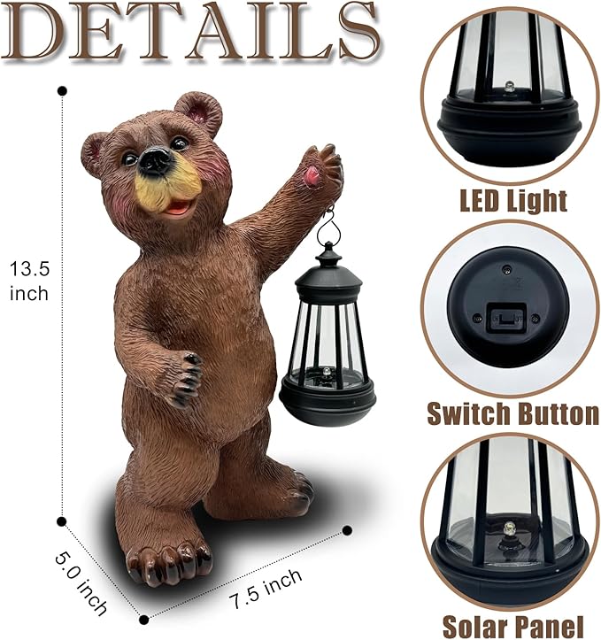 Solar Lantern Garden Statues Decor, 14" Large Outdoor Bear Figurine Lights for Yard Patio Decoration - Unique Christmas Housewarming Gifts for Grandma Wowen Mom Brown