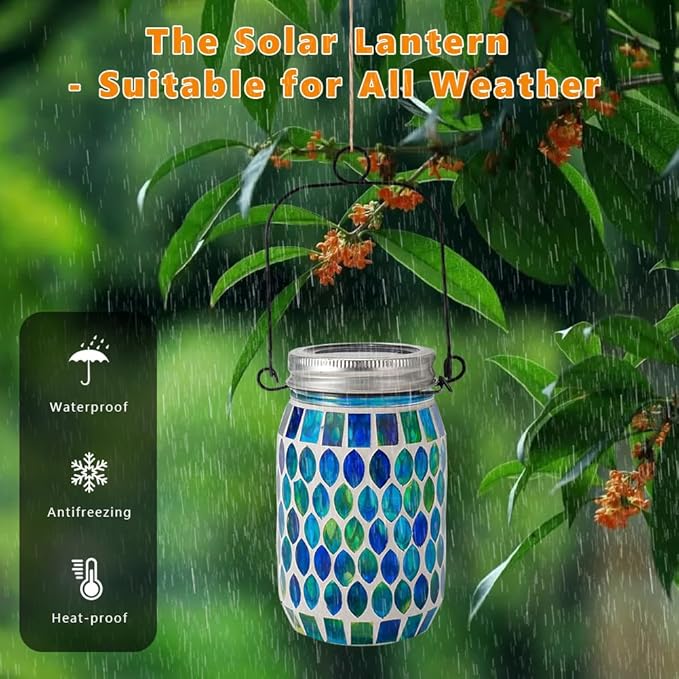 Starsoul Solar Lanterns Outdoor Waterproof, Decorative Teal Mosaic Glass Outdoor Lantern, Hanging Solar Garden Lights for Outside Pathway Patio Porch Yard Table, Gifts for Women Mom Grandma
