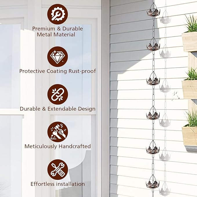 8.5 Ft Rain Chain, Thick Metal Rain Gutter Chains, Adjustable Rain Catcher Chain for Eaves Drainage, Replacement for Downspout, Outdoor Decor
