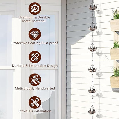 8.5 Ft Rain Chain, Thick Metal Rain Gutter Chains, Adjustable Rain Catcher Chain for Eaves Drainage, Replacement for Downspout, Outdoor Decor