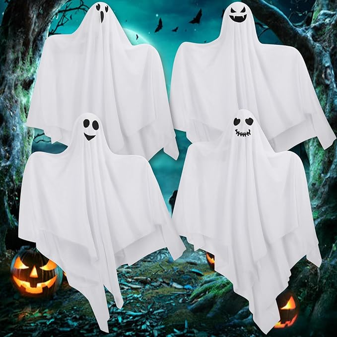 4 Pack Halloween Hanging Ghosts Decor, Hanging Halloween Decorations Outdoor, Halloweens Flying Ghost for Front Yard Porch Patio Lawn Garden Trees Party Décor and Holiday Halloweens Hang Decorations