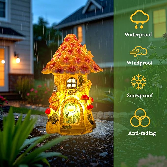 Fairy Garden House Outdoor Figurine Lights, Fairy Houses for Outside, Garden Statues Mushroom House, for Patio, Yard, Balcony Decoration, Outdoor Decorations Yard and Birthday Gifts for Mom Women
