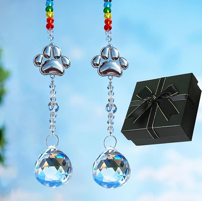 2pcs Pet Dog Memorial Gifts Paw Print Sun Catcher Crystals Prisms Hanging Dog Sympathy Window Garden Decor Wind Chime Rainbow Bridge Gifts for Loss Friend Birthday (Ball)