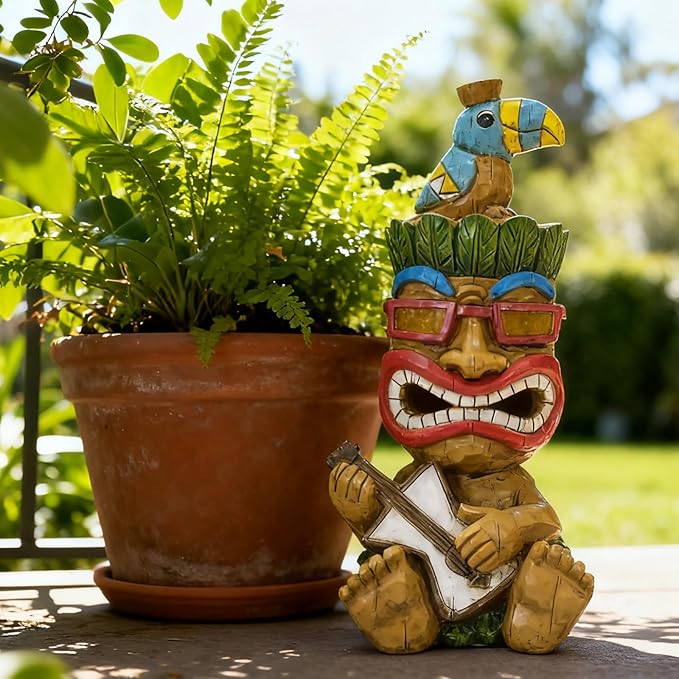 Solar Tiki Statue Decor-Outdoor Statues-Funny Guitar - Tiki Bird Tiki Bar Decorations 11.69 inch Tall for Outdoor Patio, Balcony, Yard, Backyard,Lawn,Tiki Gifts