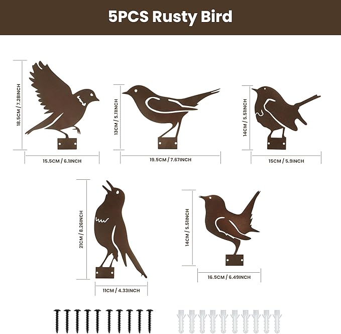 5PCS Rusty Metal Birds Decoration,Outdoor Fence Yard Decor,Metal Birds Craft Statue Ornaments for Yard Art,Garden Decor