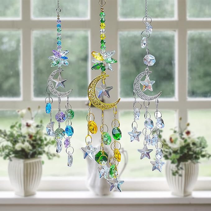 Hanging Crystal Suncatchers Window Prism 3 Pcs/3 Colors Moon and Star Prism SunCatcher Rainbow Maker Car Charm Mirror Accessories Mom Grandma Gifts KEINIA