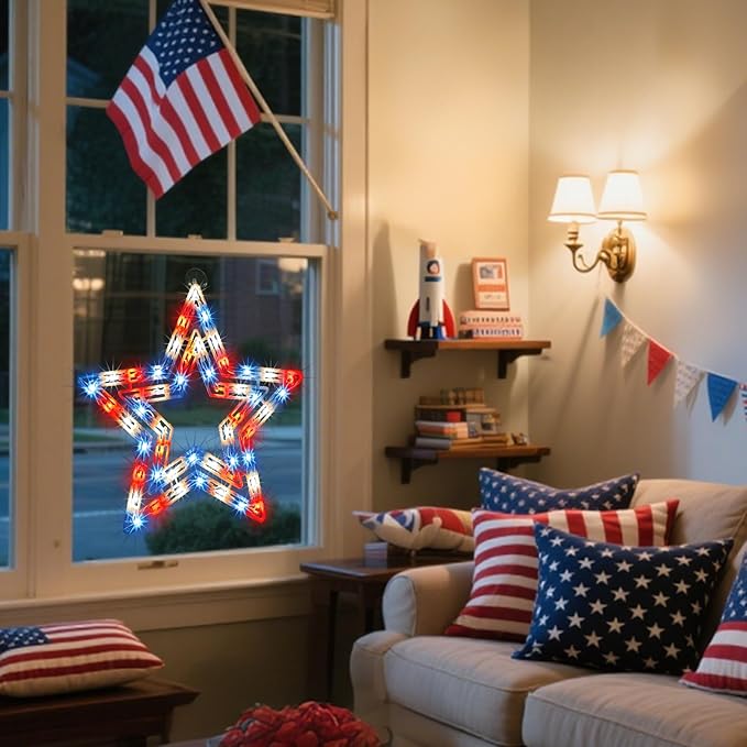 LAMPHOME 14" Lighted Red, White and Blue Patriotic Star Window Silhouette Decoration for Indoor & Outdoor Celebrations