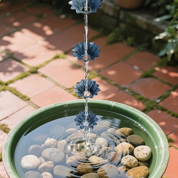 Rifachua 12 Cups Lotus Rain Chain for Gutters Downspouts Outside 8.5ft, Blue Plated Lotus Rain Chain Cups, Functional and Decorative Replacement for Gutter Downspouts