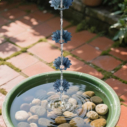Rifachua 12 Cups Lotus Rain Chain for Gutters Downspouts Outside 8.5ft, Blue Plated Lotus Rain Chain Cups, Functional and Decorative Replacement for Gutter Downspouts