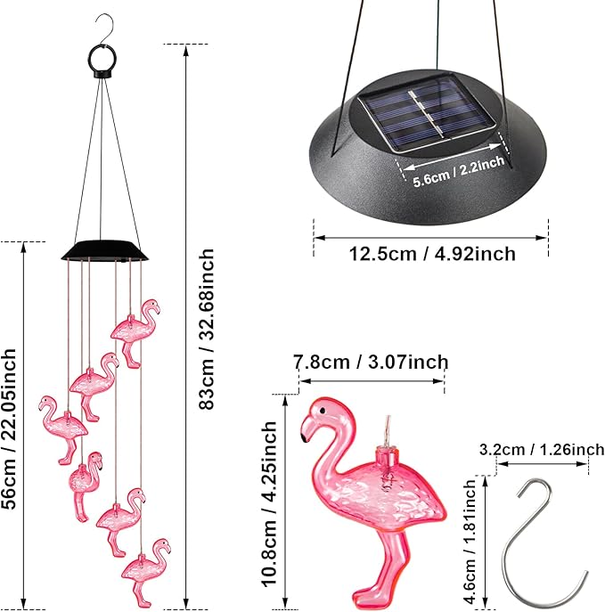 Flamingo Solar Wind Chime Light for Outdoor Decor – Waterproof Solar-Powered Wind Chime with 6 Color-Changing LED Flamingo Lights, Decorative Lights for Holiday Housewarming - Unique Gift for Her
