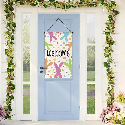 Tegeme 3 Pcs Happy Easter Door Sign Flag Welcome Easter Door Banner Bunny Wall Hanging Ornaments Flag for Party Holiday Outdoor Indoor Home Decoration