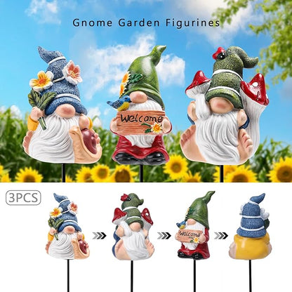 Garden Gnome Statue, Resin Miniature Gnome Set of 3PCS, Figurine with Garden Stakes for Lawn Patio Yard Outdoor Home Decor