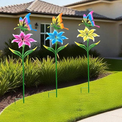 Metal Garden Flowers for Outside, 30.3-22.4" 3-Pack Colorful Butterfly & Flower Decorative Garden Stakes for Spring Garden Decor, Yard Art Decorations for Patio Lawn
