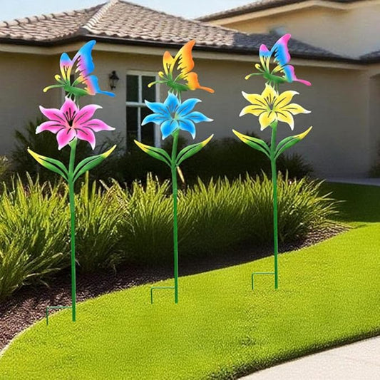 Metal Garden Flowers for Outside, 30.3-22.4" 3-Pack Colorful Butterfly & Flower Decorative Garden Stakes for Spring Garden Decor, Yard Art Decorations for Patio Lawn