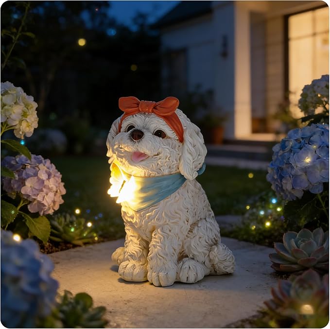 Solar Garden Poodle Statue, Detachable Ground Stake, White Resin Puppy with LED Butterfly and Blue Scarf, Waterproof Yard Decor for Patio, Lawn, Porch, Pathway, and Gift Giving