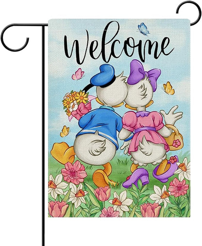 Dyrenson Welcome Spring Summer Cartoon Duck Decorative Garden Flag, Daffodil Daisy Floral Flower Butterfly Yard Outside Home Decorations, Seasonal Burlap Outdoor Small Decor Double Sided 12 x 18