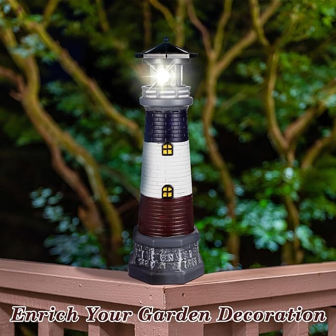 Solar Lighthouse Outdoor Statues, 360° Rotating Beacon Garden Lighthouse, 15" Light House for Outside Garden Yard Decor, Waterproof Resin Nautical Figurines for Patio Lawn Landscape Lighting (Black)
