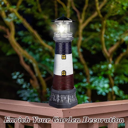 Solar Lighthouse Outdoor Statues, 360° Rotating Beacon Garden Lighthouse, 15" Light House for Outside Garden Yard Decor, Waterproof Resin Nautical Figurines for Patio Lawn Landscape Lighting (Black)