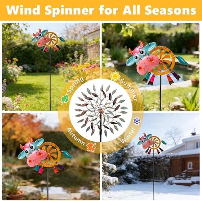 Oak & Lore Metal Cow Wind Spinners Outdoor Yard Cattle Wind Sculptures & Spinners with Stakes Waterproof Art for Patio, Lawn, Backyard Garden Decor