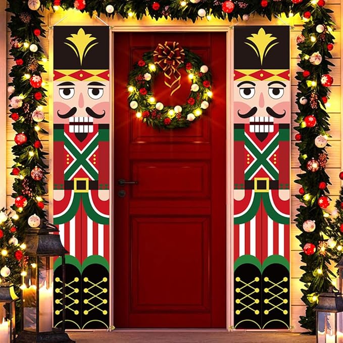 Ivenf Nutcracker Soldier Christmas Decorations, 2pc 71x13in Outdoor Yard Banner, Fade Resistant Fabric, Ready to Hang, Indoor-Outdoor Use, Home, Office, Shop Decor