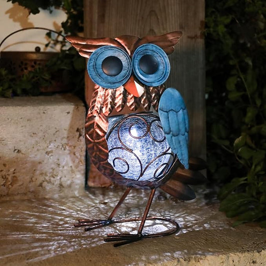 MUMTOP Solar Lights Outdoor Garden Owl Decor, Owl Solar Light Outdoor Waterproof with Crackle Glass Globe Gardening Statue Gifts and Metal Yard Art for Lawn Porch Patio Outside Garden