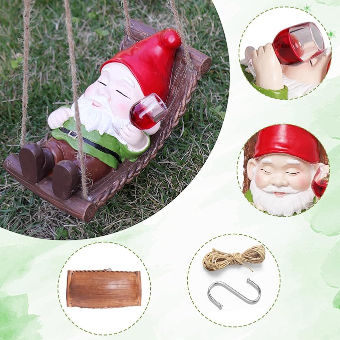 Hanging Garden Gnome Decor - Funny Gnome with Wine Glass on Hammock, Resin Outdoor Statue for Tree, Patio, Yard, Lawn, Balcony, Unique Garden Gifts for Mom, Women, Housewarming, Christmas Decorations