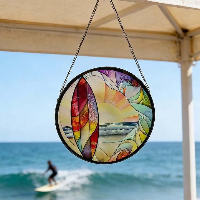Coastal Sunrise Stained Glass Window Hanging - 9.8In Surf & Ocean Suncatcher, Beachy Home Decor for Windows, Porches & Living Rooms, Suncatcher Decor Gift for Women, Men