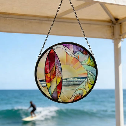 Coastal Sunrise Stained Glass Window Hanging - 9.8In Surf & Ocean Suncatcher, Beachy Home Decor for Windows, Porches & Living Rooms, Suncatcher Decor Gift for Women, Men