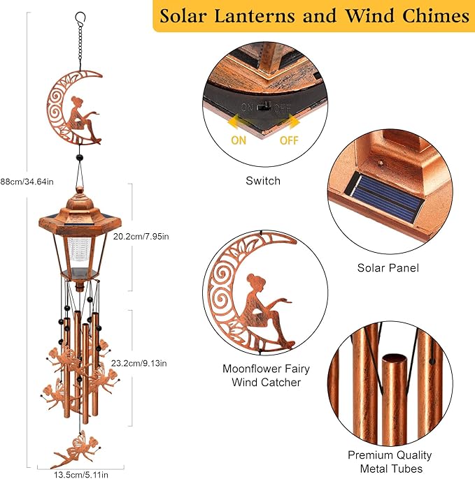 Large Solar Moon Fairy Wind Chimes with Wind Catcher/Solar Decor Light to Create a Zen Atmosphere Decor for Outdoor Garden Balcony, Classic Bronze Wind Chimes Gifts for Mom Grandma Women Wife Daughter