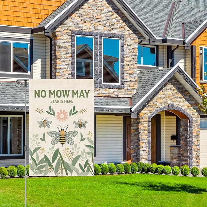 Perfectinsoy No Mow May Starts Here Garden Flag, Pollinator Garden Yard Sign, Community Progress Welcome Yard Home Backyard Porch Patio Lawn Farmhouse Bee Outdoors Decor, No Mow Yard Sign