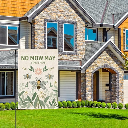 Perfectinsoy No Mow May Starts Here Garden Flag, Pollinator Garden Yard Sign, Community Progress Welcome Yard Home Backyard Porch Patio Lawn Farmhouse Bee Outdoors Decor, No Mow Yard Sign