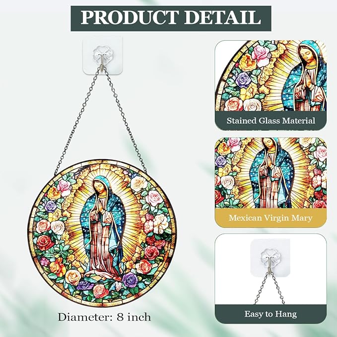 Mexican Virgin Mary Stained Glass Suncatcher, Christian Window Hanging Decor, Stained Panel Hangings Wall Art, Religious Home Ornament, for Mom Grandma