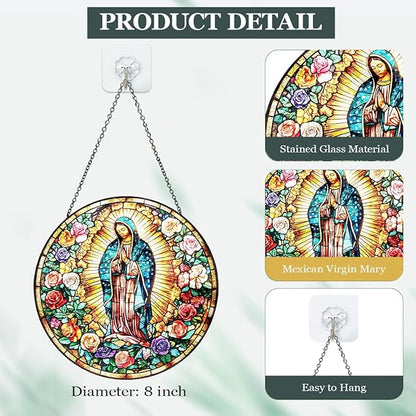 Mexican Virgin Mary Stained Glass Suncatcher, Christian Window Hanging Decor, Stained Panel Hangings Wall Art, Religious Home Ornament, for Mom Grandma