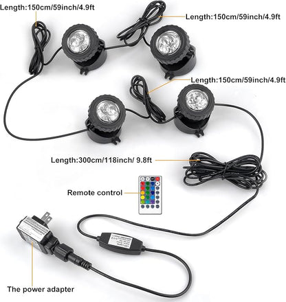 RGB Pond Lights with Timer, LED Underwater Submersible Colorful Landscape Spotlights, 98ft Remote Control IP68 Waterproof Fountain Lights for Fish Aquarium Tank Garden Yard Pool (Set of 4)