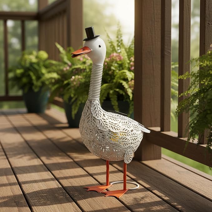 Porch Goose Garden Statue, Solar Metal Goose Yard Statue, 20 Inches High Geese Decoration, Garden Decor for Outside, Outdoor Goose Figurine for Patio, Porch, Yard, Lawn Ornament, Garden goose Gift