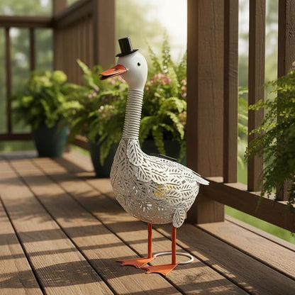 Porch Goose Garden Statue, Solar Metal Goose Yard Statue, 20 Inches High Geese Decoration, Garden Decor for Outside, Outdoor Goose Figurine for Patio, Porch, Yard, Lawn Ornament, Garden goose Gift