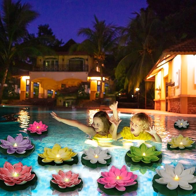 LACGO 12 PCS Floating Lotus Tea Lights - 5 Inch Floating Flowers Water Lily LED Candles for Pool, Bath, Wedding, Party Decor - Water Activated Lotus Flower Pool Lights(Mix-Color)