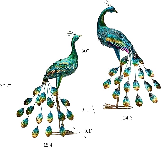 Kircust Metal Peacock Sculptures - Set of 2 Outdoor Garden Yard Art, Durable Weather-Resistant Lawn Statues, Hand-Painted, 30.7" H - Ideal for Backyard, Patio, and Porch Decor