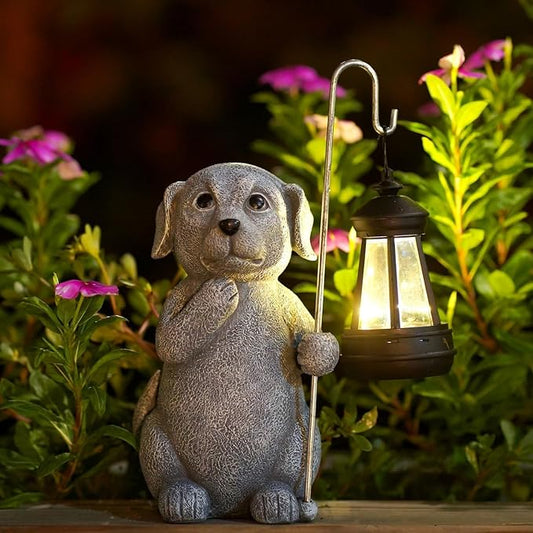 Qeeman Solar Dog Garden Statue: Weatherproof Resin Figurine with Warm Glow Lantern - Outdoor Decor for Yard Pathway Patio Porch Balcony - Gifts for Mom Grandma Dog Lovers
