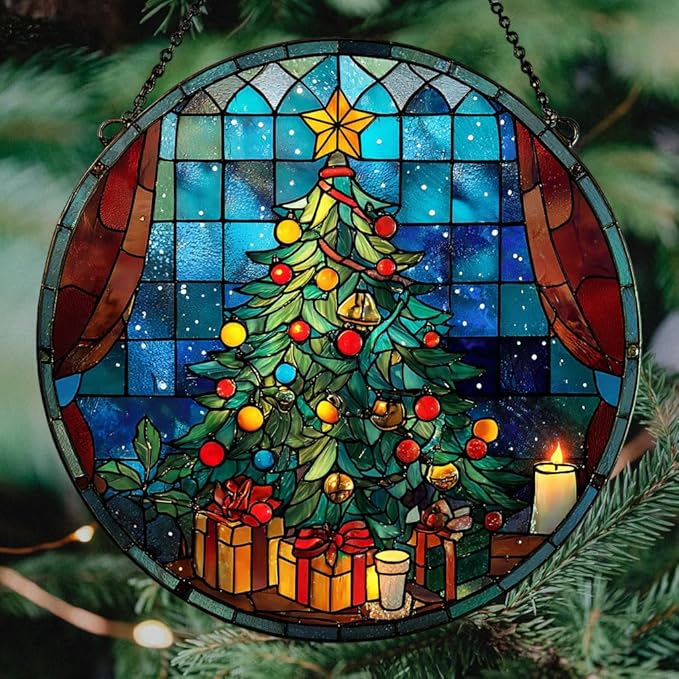 Christmas Tree Colorful Ornaments Hanging Acrylic Suncatcher Stained Glass Effect Window Car Hanging Christmas Ornament Indoor Outdoor Decor Garden Sun Catcher Panel for Women Mom Grandma