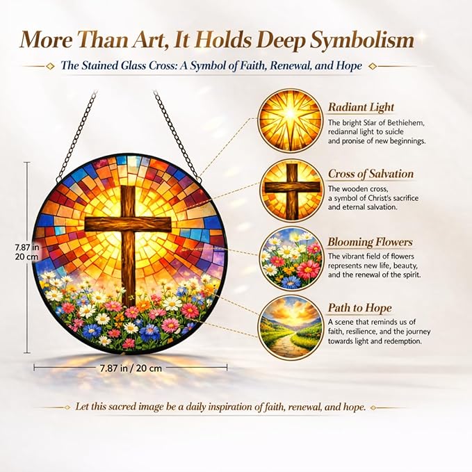 Christian Cross Suncatcher Window Hanging, 7.87" Stained Glass Mother’s Day Faith Gift for Mom Grandma, Radiant Cross Religious Decor for Window Prayer Room Sunroom Office
