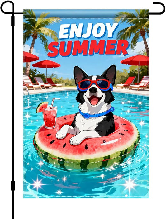 BlissYard Enjoy Summer French Bulldog Garden Flag 12x18 Double Sided Vertical Outdoor Pool Party Dog Decor Sunglasses Float Yard Lawn Patio Tropical Banner